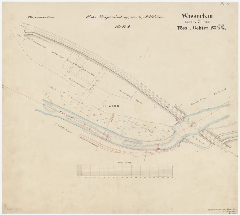 Töss, Winterthur: Von oberhalb des Kanaleinlaufs der Steigmühle bis unterhalb der Brücke der Schweizerischen Nordostbahn NOB und der Schweizerischen Nordbahn SNB, Tösskorrektion (Töss-Gebiet Nr. 22, Blatt 4)