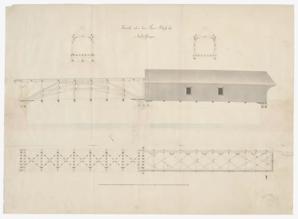 Andelfingen: Hölzerne gedeckte Brücke über die Thur; Seitenansicht, Grundriss und Schnitte