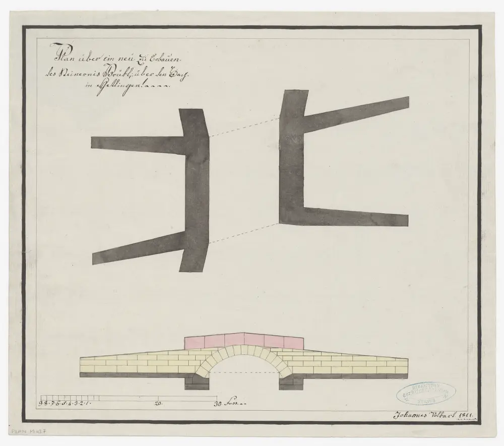Hettlingen: Steinerne Brücke über den Hettlingerbach; Seitenansicht und Grundriss