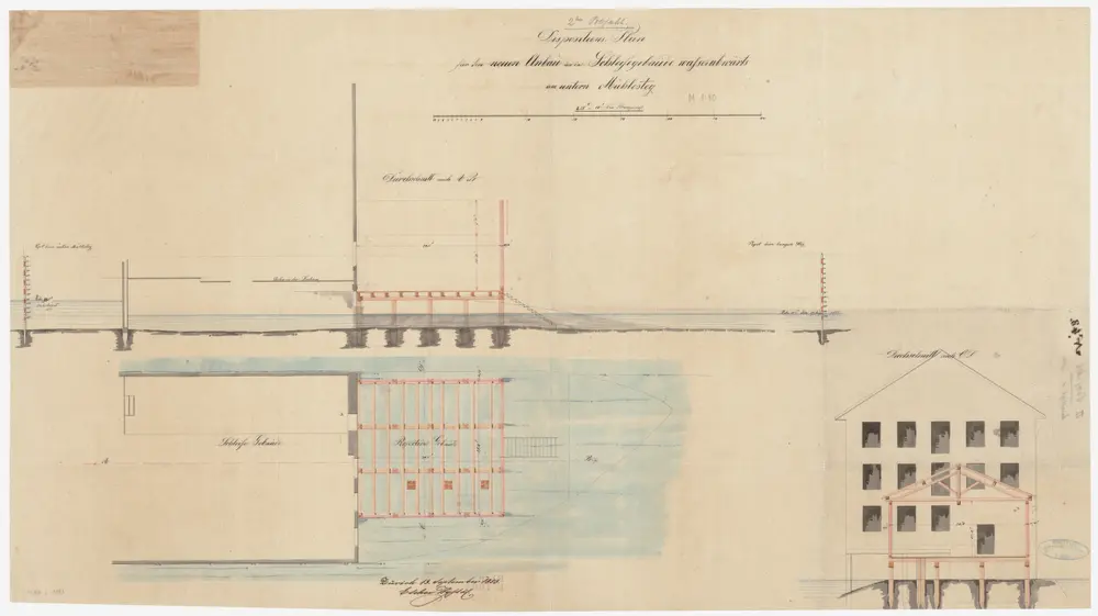 Zürich: Unterer Mühlesteg, Schleifwerktstätte Escher-Wyss, 2., bewilligtes Anbauprojekt flussabwärts; Grundriss, Längsschnitt und Querschnitt (Zürichsee-Abfluss Nr. 32)