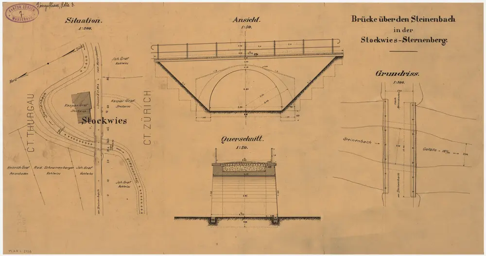 Au TG, Sternenberg: Bei Stockwies, Brücke über den Steinenbach; Situationsplan, Ansicht, Querschnitt und Grundriss