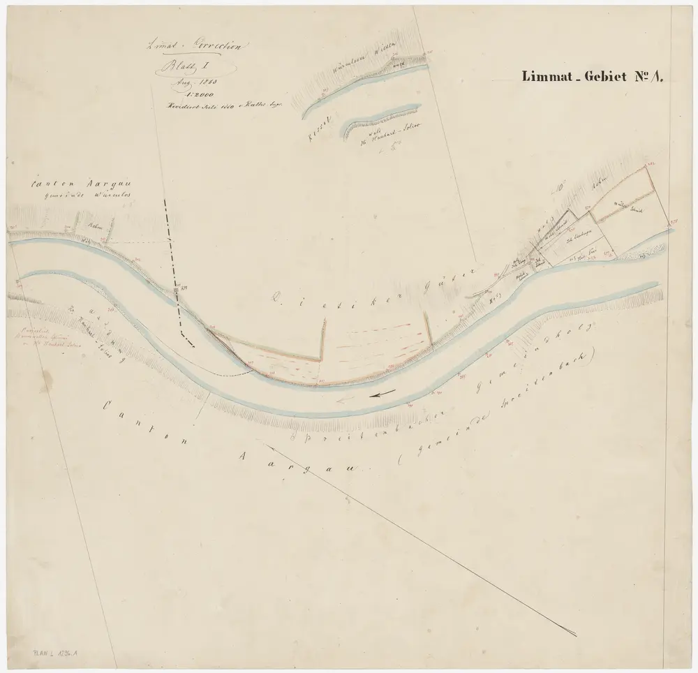 Unterengstringen bis Würenlos AG: Von unterhalb des Kloster Fahr bis unterhalb der rechtsufrigen Grenze zwischen den Kantonen Zürich und Aargau, Limmatkorrektion: Blatt I: Würenlos AG bis Spreitenbach AG; Situationsplan (Limmat-Gebiet Nr. 1)