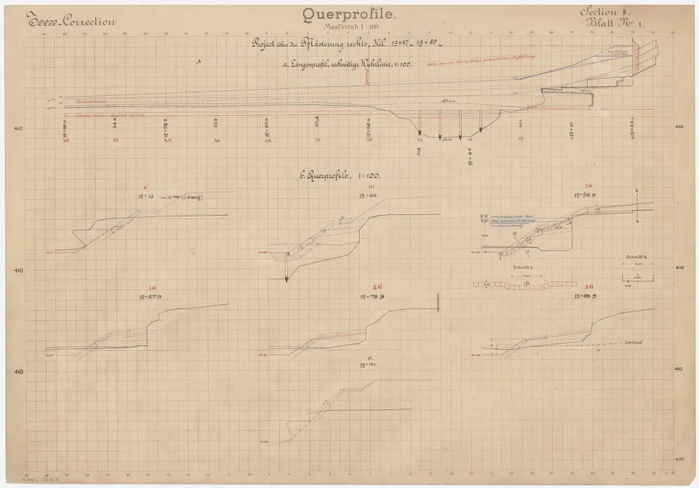 Wülflingen: Bei der Bodmermühle (später Wespimühle), Tösskorrektion (Töss No. 53 F): Tösskorrektion rechts, projektierte Pflästerung bei der Bodmermühle (später Wespimühle) sowie rechtsseitige Wuhrlinie; Querprofile und Längsprofil (Töss No. 53 F)