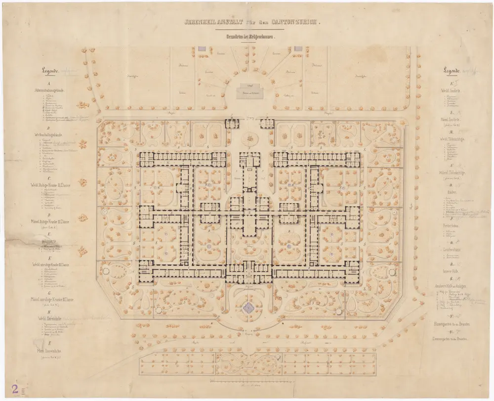 Irrenanstalt Burghölzli: Hauptgebäude, Erdgeschoss mit Gartenanlage; Grundriss