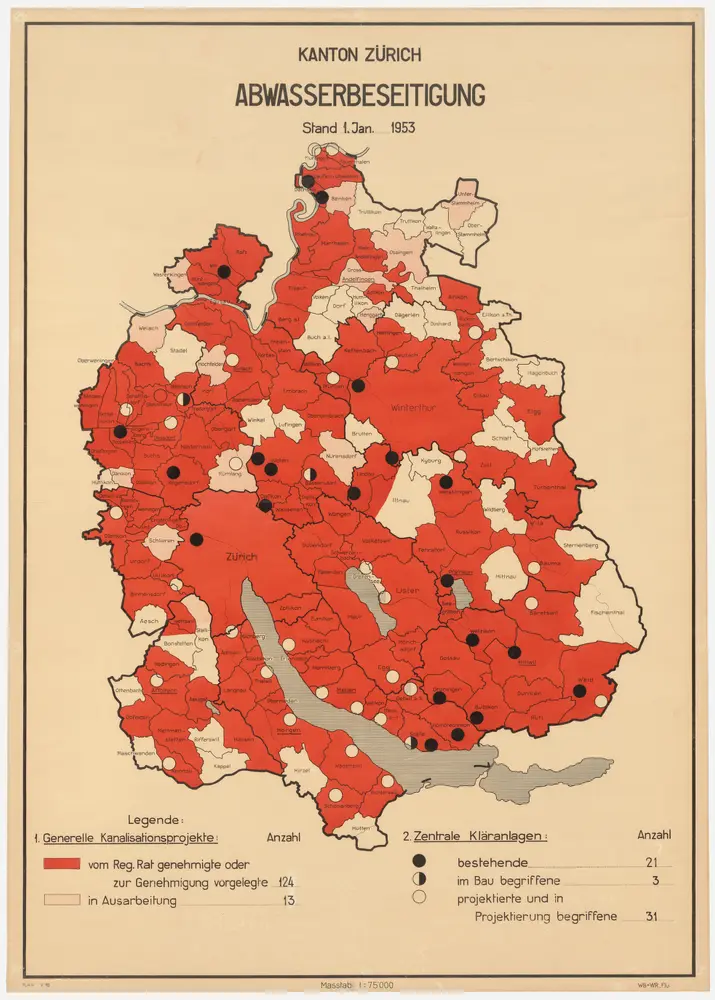 Kanton Zürich: Bestehende und projektierte Kanalisationen und Abwasserreinigungsanlagen, Zustand 01.01.1953; Übersichtskarte