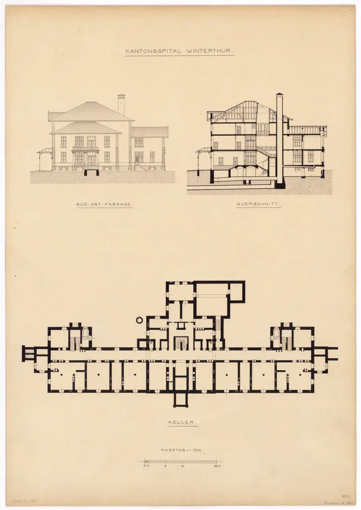 Winterthur: Kantonsspital, Südostfassade und Keller; Ansicht, Grundriss und Querschnitt (Nr. 2)