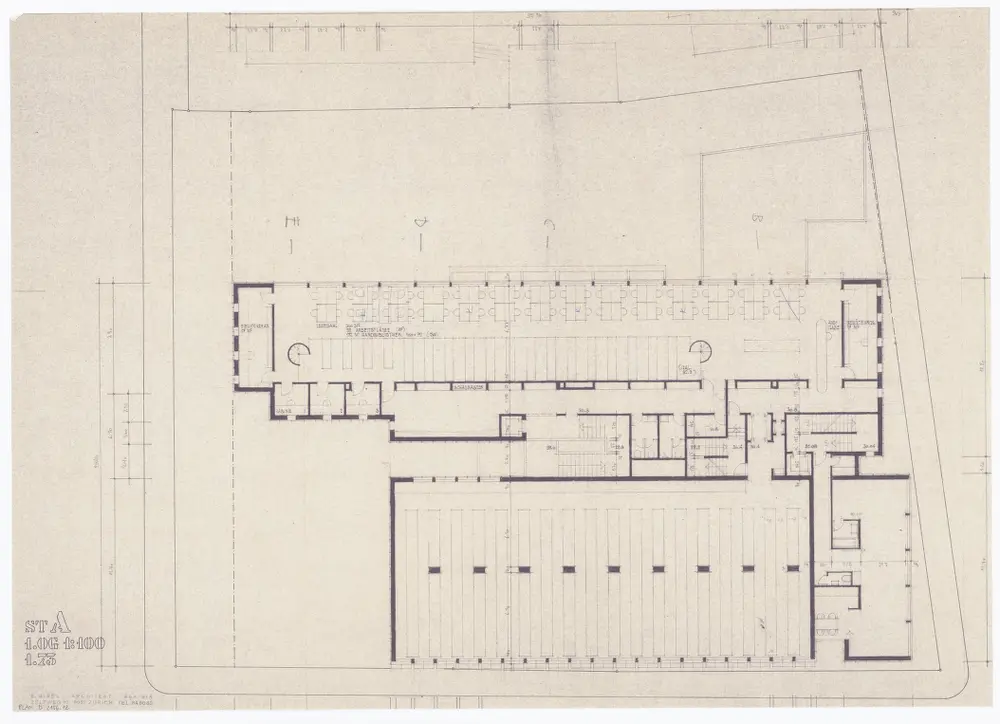 Staatsarchiv des Kantons Zürich, projektierter Neubau zwischen Zeltweg, Wettingerwies und Promenadengasse: Risse, Grundrisse, Fassaden: 1. Obergeschoss; Grundriss