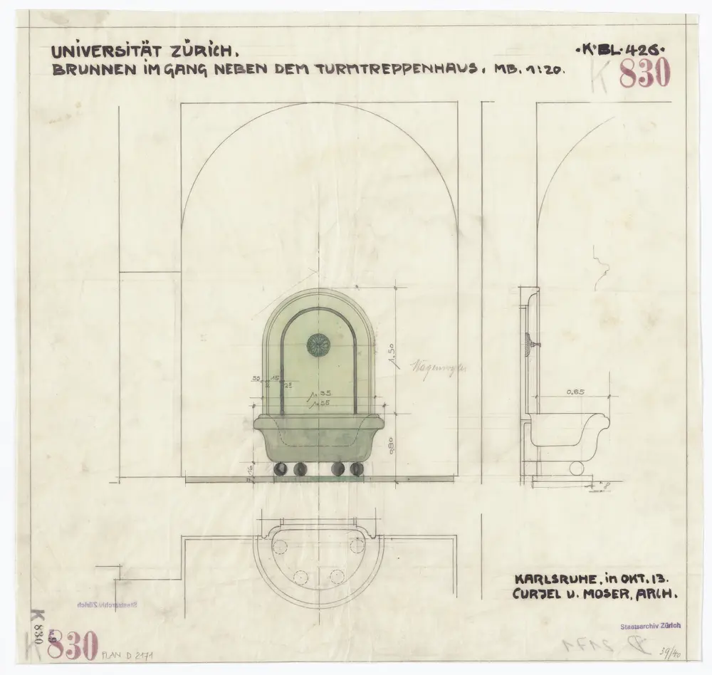 Universität Zürich, Kollegiengebäude, Rämistrasse 71: Brunnen im Gang neben dem Turmtreppenhaus; Ansicht, Grundriss und Schnitt