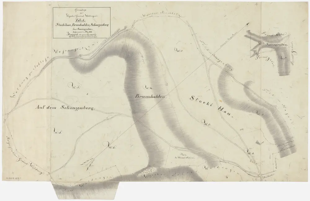 Weiach: Gemeindewaldung: Sanzeberg (Auf dem Schanzenberg), Brunnhalden (Brunhalden), Stocki (Stocki Hau), Saxegrabe (Saxengraben), Franzosenhau, Frankhalden (Frankenhalden), Tüchelfören (In Teuchel Fohren); Grundrisse (Tab. I)