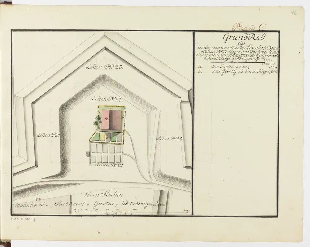 Zürich: Dem Spital Zürich gehörende Lehen in den Fortifikationswerken; Ansichten, Grundrisse und Schnitte: Haus mit Garten, zum Lehen Nr. 19 Kleine Stadt gehörend, beim Seidenhof-Bollwerk; Grundriss