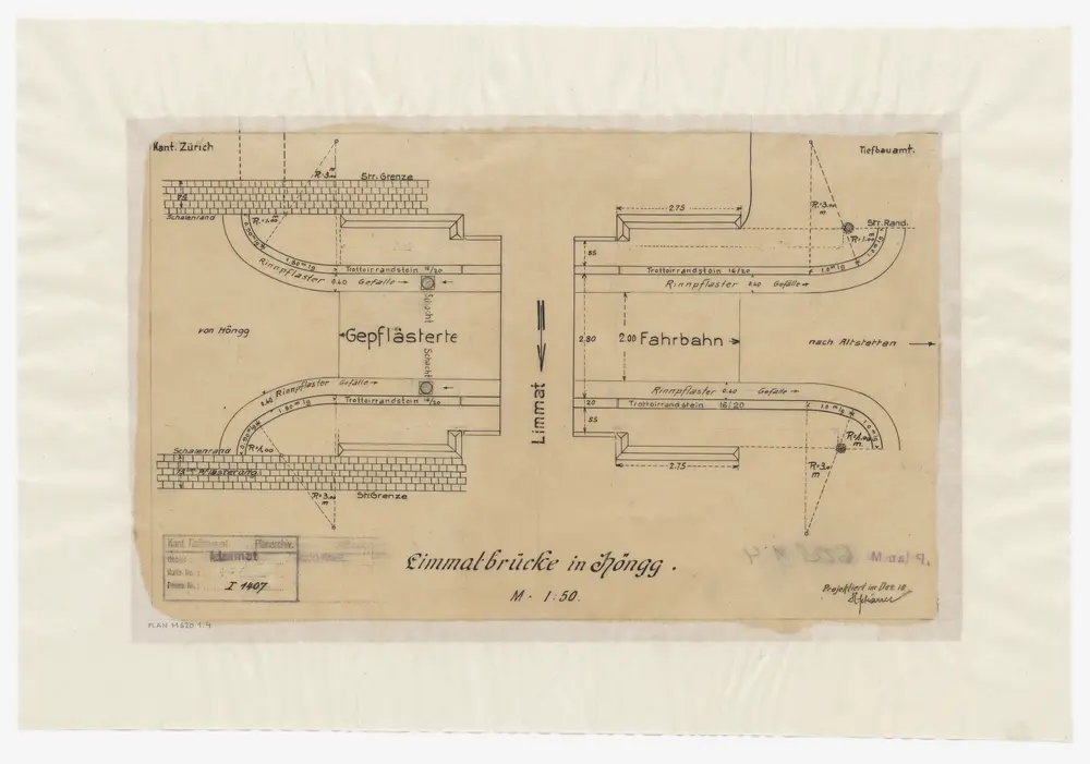 Höngg, Dietikon, Oetwil an der Limmat: Brücken über die Limmat: Gepflästerte Fahrbahn; Grundriss