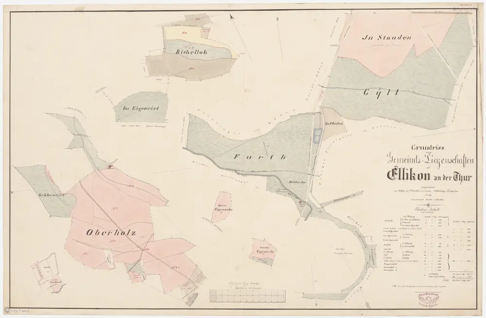 Ellikon an der Thur: Gemeindewaldung: Oberholz, Chräjenriet (Krähenriet), Vorder Eggenzaa, Hinter Eggenzaa, Erliwies, In der Juchart, In der Halbjuchert, Furt, Gill (Gyll), Bichenloo (Bichelloh), In Stauden, Eigi (Eigenriet); Grundrisse