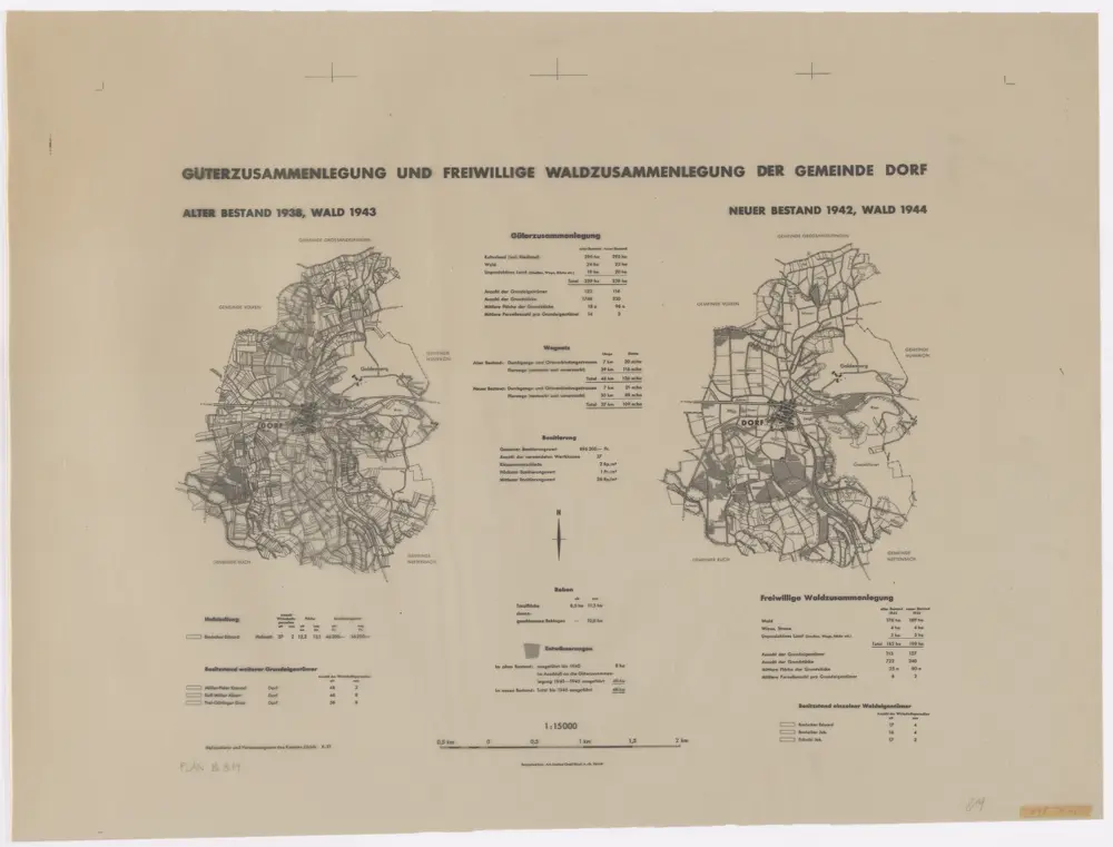 Dorf: Güter- und freiwillige Waldzusammenlegung, alter Bestand 1938 (Wald 1943) und neuer Bestand 1942 (Wald 1944); Übersichtsplan