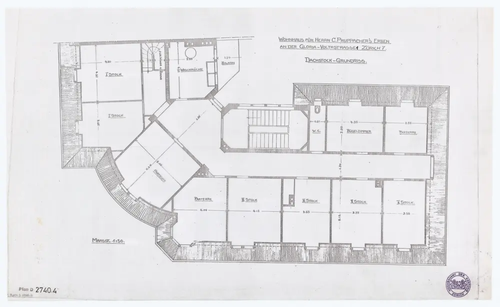 Wohnhaus für die Erben von C. Pruppacher, Voltastrasse 1: Grundrisse: Dachstock; Grundriss