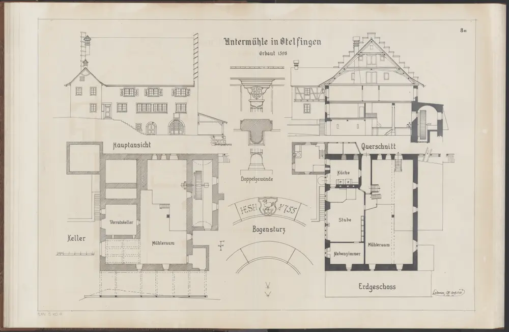 Das Bauernhaus im Kanton Zürich: Otelfingen: 1598 erbaute Untermühle; Ansichten, Grundriss und Querschnitt (Nr. 8 a)