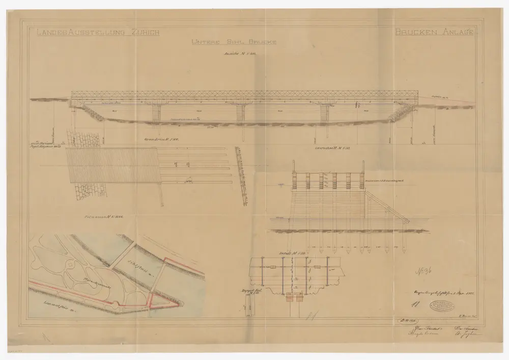 Zürich, Aussersihl: Hölzerne Balkenbrücke über die Sihl bei der Platzpromenade für die Landesausstellung (obere Sihlbrücke); Situationsplan, Seitenansicht, Grundriss und Schnitte