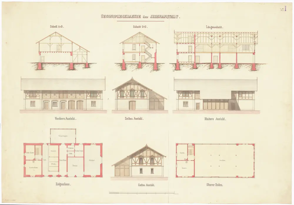 Irrenanstalt Burghölzli, projektiertes Ökonomiegebäude: Ansichten, Grundrisse und Schnitte