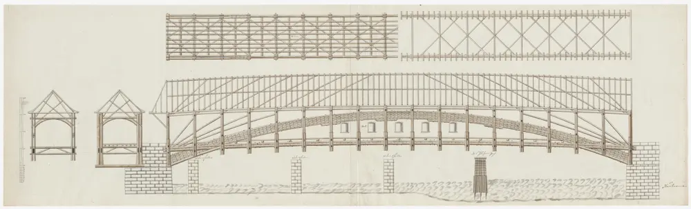 Eglisau: Projektierte Rheinbrücke, Holzkonstruktion; Grundrisse, Längs- und Querschnitte