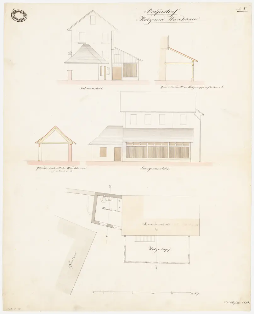 Bassersdorf: Waschhaus und Holzschuppen des Pfarrhauses sowie Sekundarschulgebäude (ehemalige Scheune des Pfarrhauses); Grundriss, Ansichten und Querschnitte des Waschhauses und des Holzschuppens (Nr. 8)