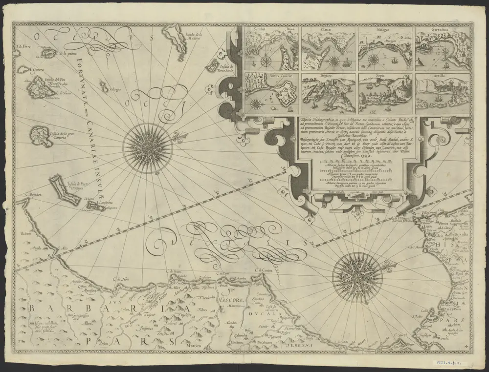 Tabula hydrographica, in qua Hispaniae orae maritimae a civitate Setubal usque ad promontorium S. Vincentii et hinc ad Fretum Gaditanum, notantur, a quo usque ad promontorium Bajado dictum, insularum item Canariarum orae maritimae, portus, etiam promontoria, brevia et Syrtes accurate summaq. diligentia describuntur