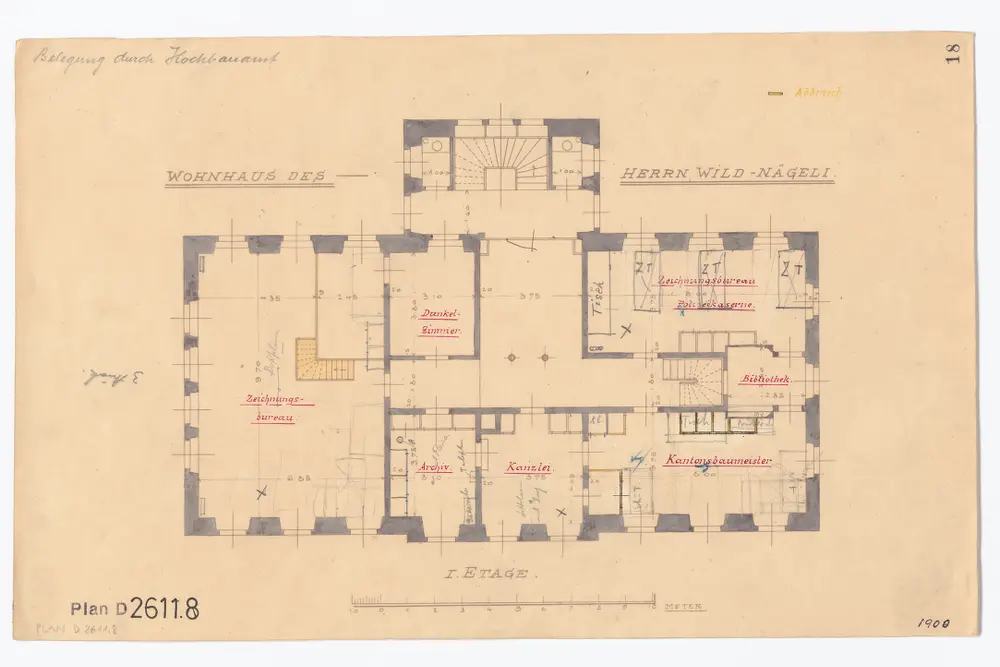 Haus Lindenegg, Untere Zäune 2, Wohnhaus von Herrn Wild-Nägeli: Belegung durch das Hochbauamt, 1. Stock; Grundriss