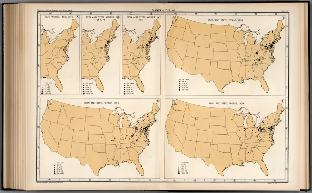 Plate 135.  Manufacturing.  Iron Works 1620 - 1675.  Iron and Steel Works, 1725 - 1908.