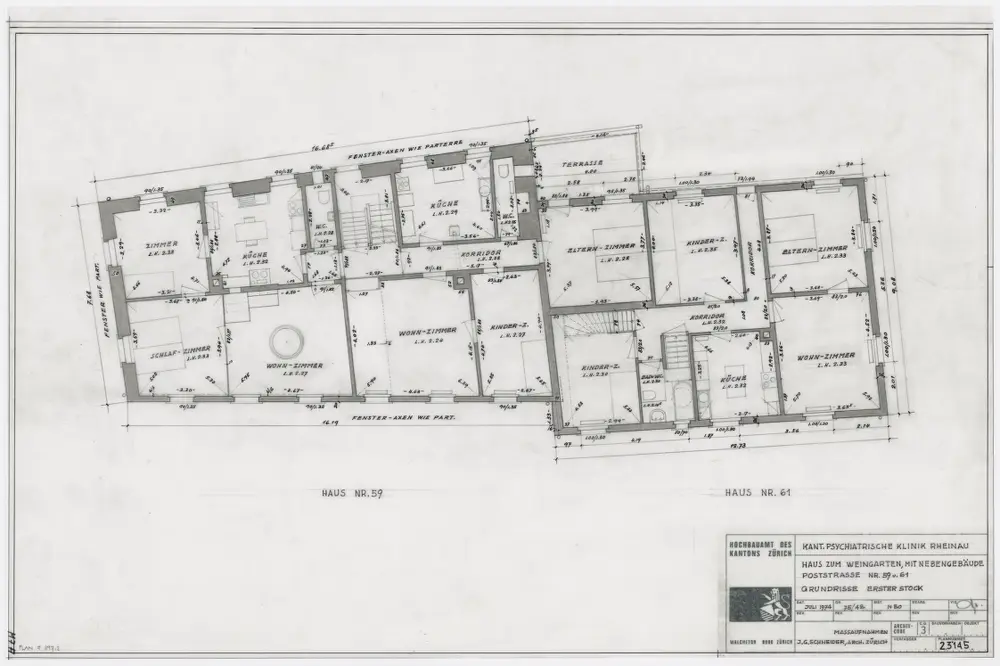 Psychiatrische Klinik Alt-Rheinau: Haus zum Weingarten mit Nebengebäude; Ansichten, Grundrisse und Schnitte: 1. Stock; Grundriss