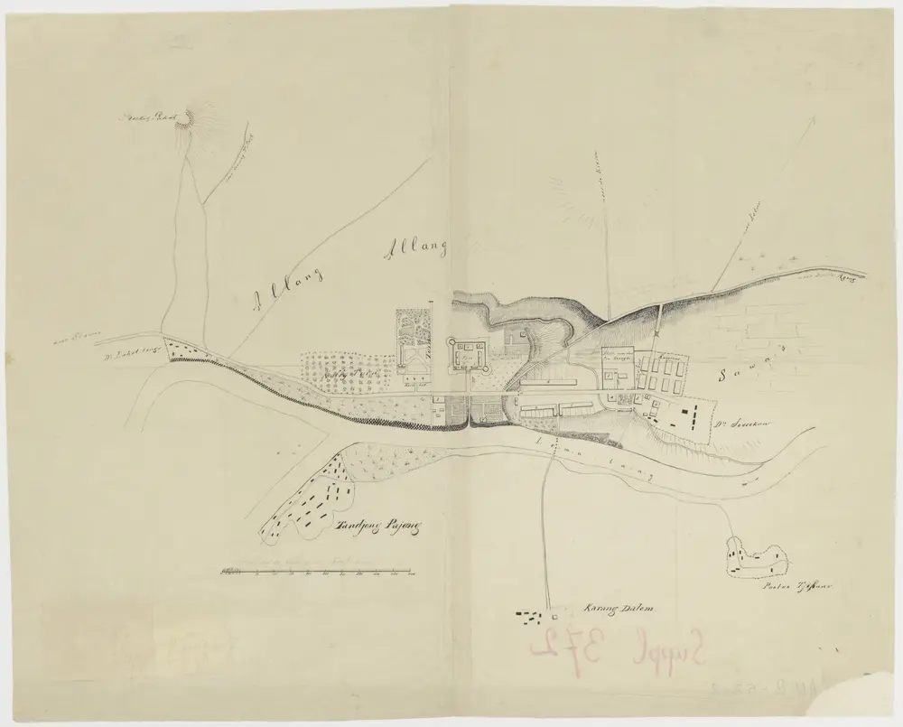 Schets van het land tusschen doessoen Lahattenga en doessoen Sossokan aan de rivier Lematang met het fort enz. en aanwijzing der wegen.