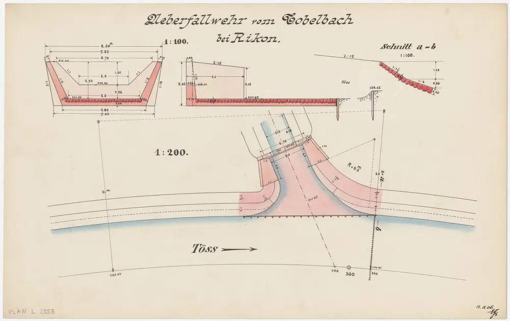 Zell: Rikon, Tobelbach bei der Einmündung in die Töss, Überfallwehr; Situationsplan, Längsschnitt und Querschnitte