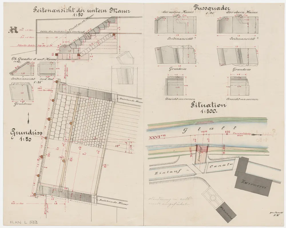 Bülach, Hochfelden: Zwirnerei in Hochfelden, Ausmündung des Leerlaufs, abgeändertes Projekt; Situationsplan, Grundriss, Seitenansicht und Details (Glatt-Gebiet Nr. 53)