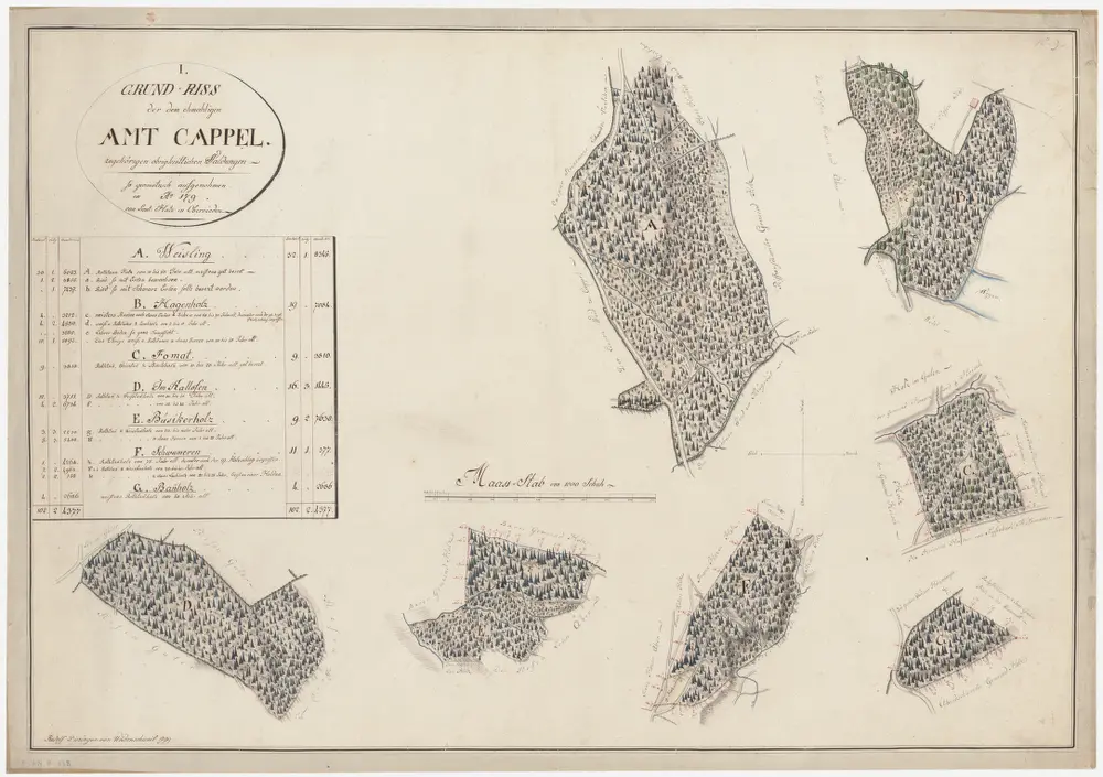 Kappel am Albis, Hausen am Albis: Dem ehemaligen Amt Kappel gehörende Waldungen A bis G (Hagenholz, Wislig (Weisling oder Weissling), Fomat (Famatt), Chalofen (Kallofen), Büsikerholz, Schwumeren und Bannholz); Grundrisse (Nr. I)