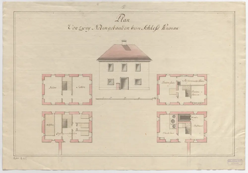 Knonau: Schloss, zwei Nebengebäude; Grundrisse und Vorderansicht