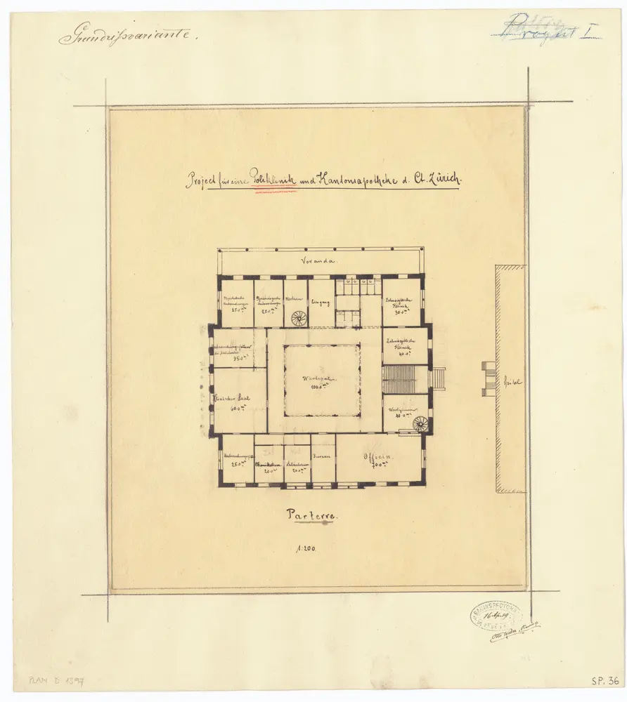 Projektierte Poliklinik und Kantonsapotheke: Erdgeschoss; Grundriss (Nr. 36)