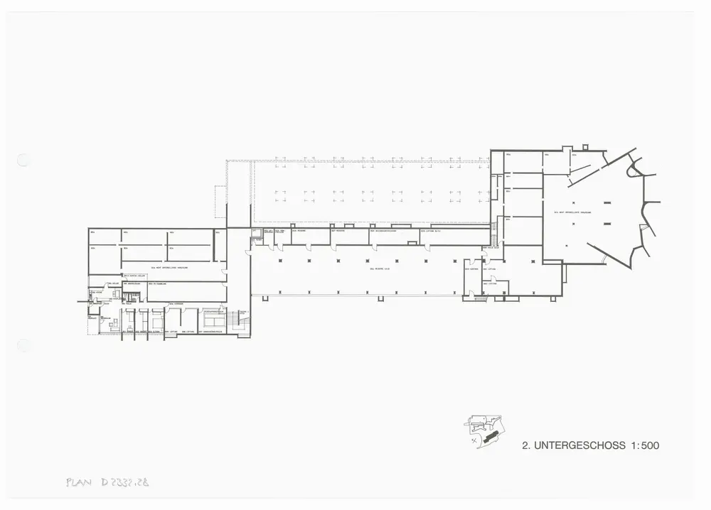 Kantonsschule Rämibühl: Ansichten, Grundrisse und Schnitte: Naturwissenschaftliche Institute: 2. Untergeschoss; Grundriss