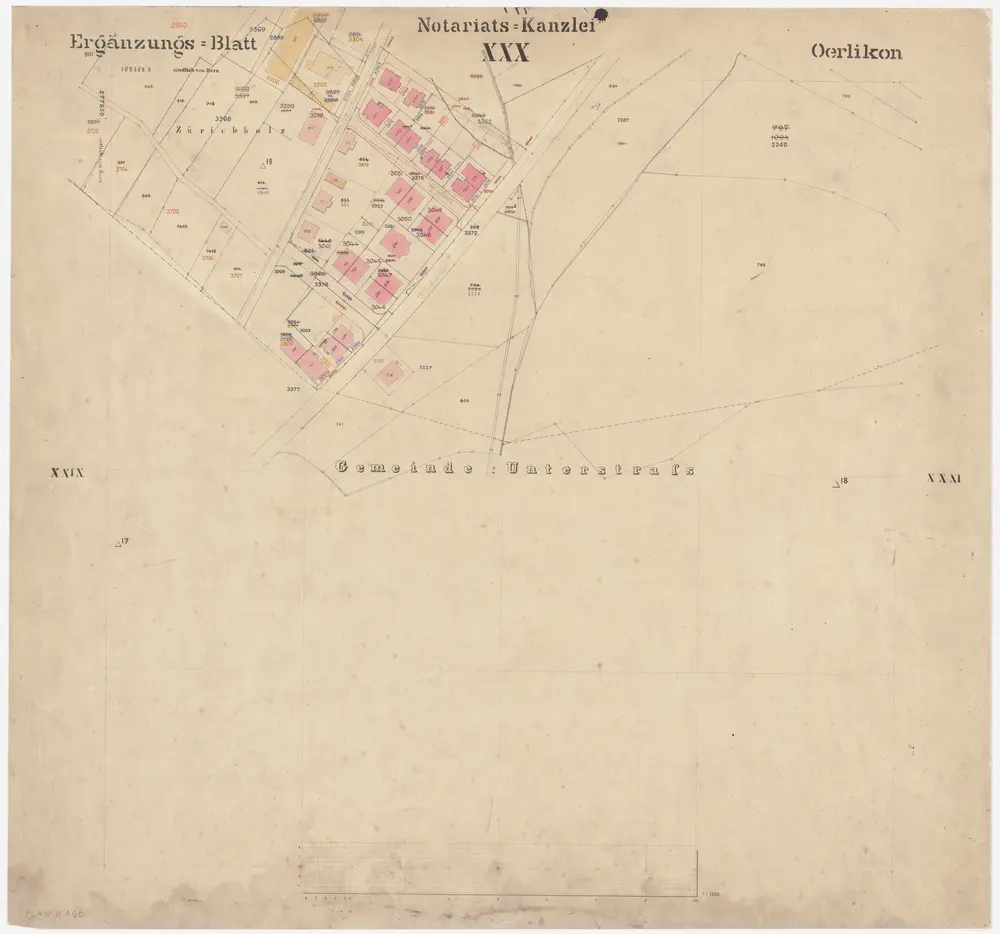 Oerlikon: Gemeinde; Kataster-Ergänzungspläne: Ergänzungsblatt XXX: Zürichholz und Hirschwies; Situationsplan