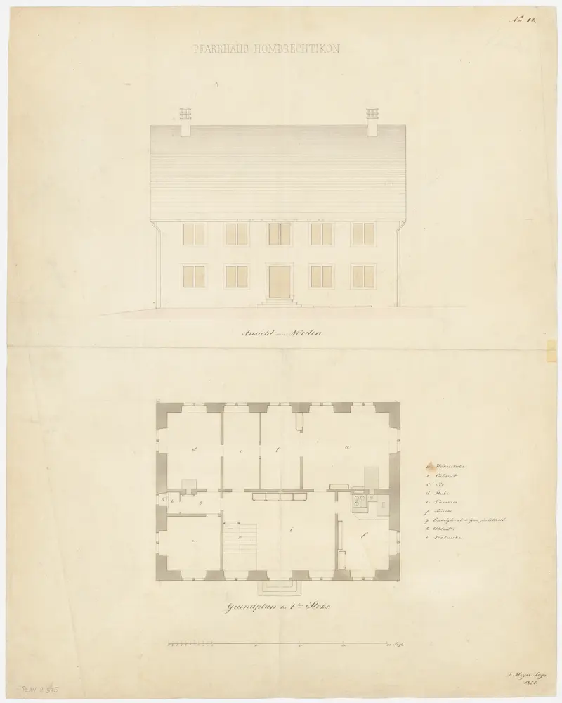 Hombrechtikon: Pfarrhaus; Nordansicht und Grundriss des 1. Stocks (Nr. 11)