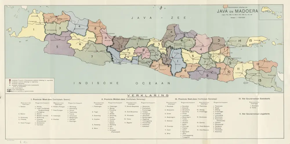 Kaart aangevende de nieuwe administratieve indeeling van Java en Madoera / met toelichting door C. Lekkerkerker