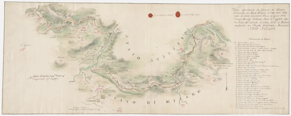 Strittige Grenze zwischen der Schweiz und dem Herzogtum Mailand bei Chiasso, Pedrinate, Novazzano, Monte Lompino, Caualasca, Parè, Drezzo und Ronago; Grundriss