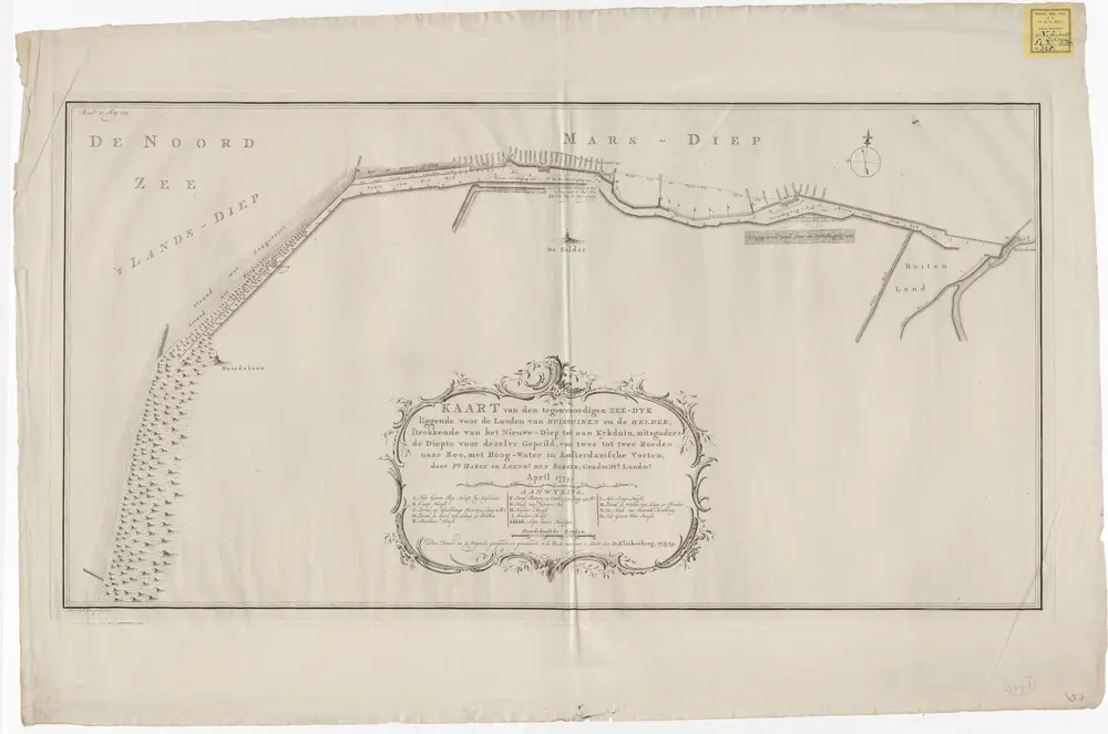Kaart van den tegenwoordigen zee-dyk liggende voor de landen van Huisduinen en de Helder, strekkende van het Nieuwe-Diep tot aan Kykduin, mitsgaders de diepte voor dezelve gepeild, van twee tot twee roeden naar zee, met hoog-water in Amsterdamsche voeten