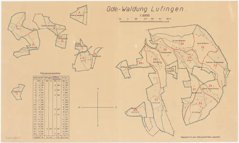 Lufingen: Gemeindewaldung: Silberhau, Obere und Untere Färlistetten (Fährlistetten), Birch (Birchrain), Asp, Lattenrüti, Hau, Obere und Untere Weidrüti, Ifang (Einfang), Reckenmoos, Schletteren (Schlettern), Ghei, Gheiwiesli, Fretzentobel, Gelsberg, Ob den Rütenen, Wolfzangen (Wolfszangen), Scheienhau, Forbuck, Rüteli; Grundr