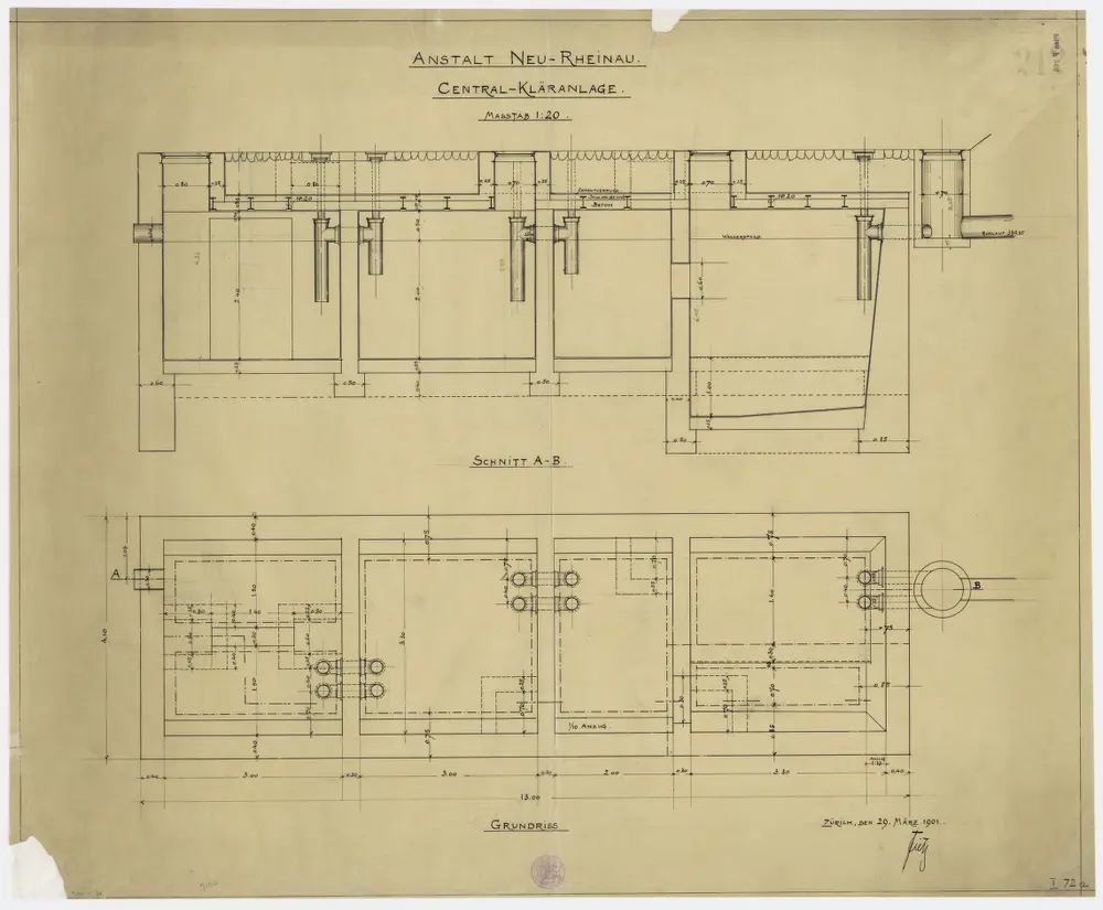 Pflegeanstalt Neu-Rheinau: Zentral-Kläranlage; Grundriss und Schnitt