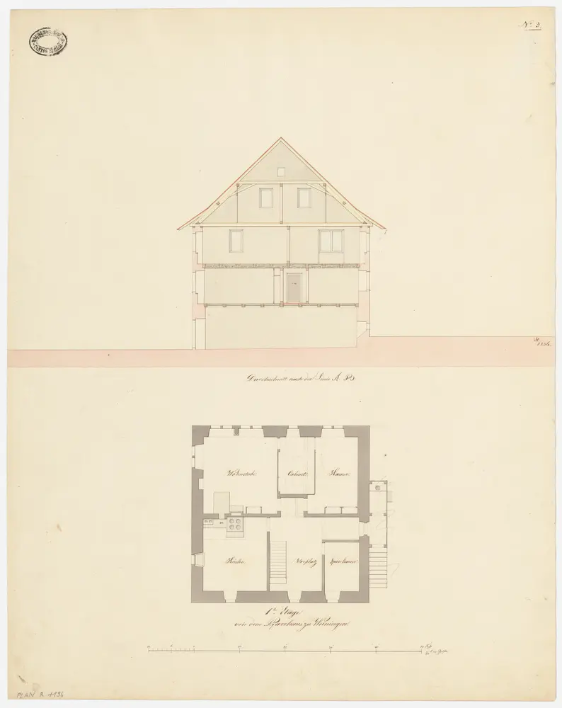 Weiningen: Pfarrhaus; Grundriss des 1. Stocks und Querschnitt (Nr. 3)