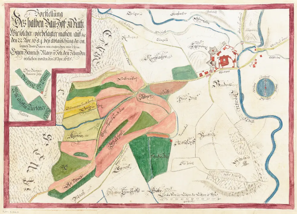 Rüti, Dürnten, Bubikon, Wald, Goldingen SG: Grundriss und Beschreibung der Güter, Waldungen und Handlehen des Amts Rüti sowie der beiden Alpen Scheidegg und Boalp (ältere Schreibweise: Poo-Alp), Band I: Seite 46: Halber Bauhof; Grundriss