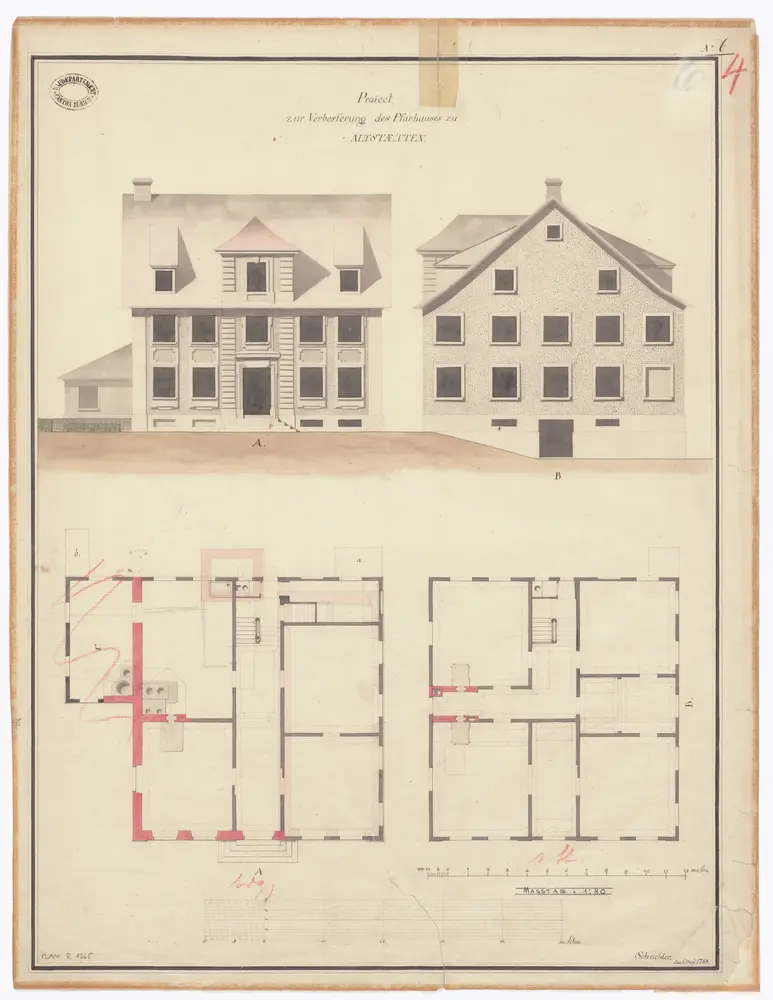 Altstetten: Pfarrhaus, projektierter Umbau; Grundrisse des Erdgeschosses und des 1. Stocks und Ansichten (Nr. 6)