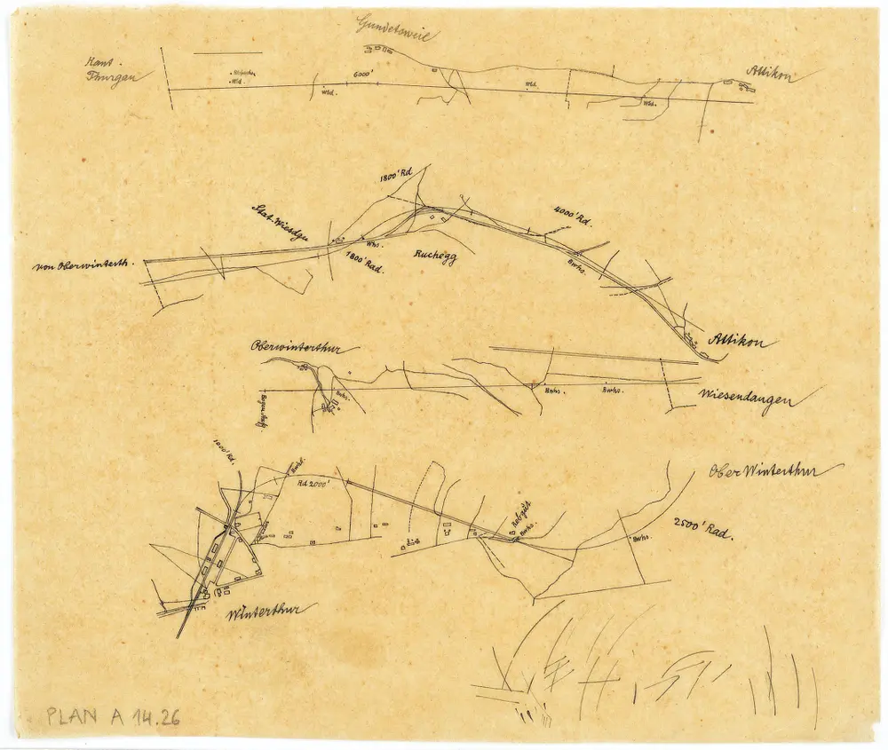 Vorlagen für die Topographische Karte des Kantons Zürich (Wild-Karte): Bezirk Winterthur: Kartenbild-Pausen: Eisenbahnlinien um Winterthur