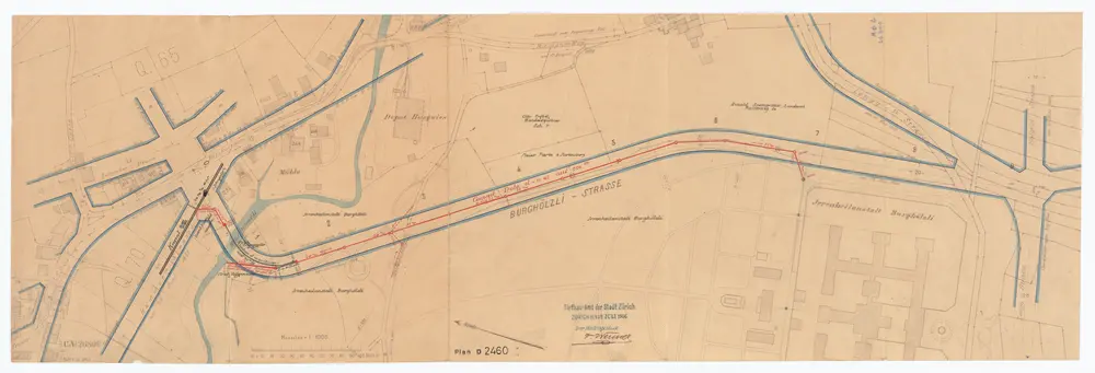 Irrenheilanstalt Burghölzli: Kanalisation von der Anstalt bis zum Kanal in der Hammerstrasse; Grundriss