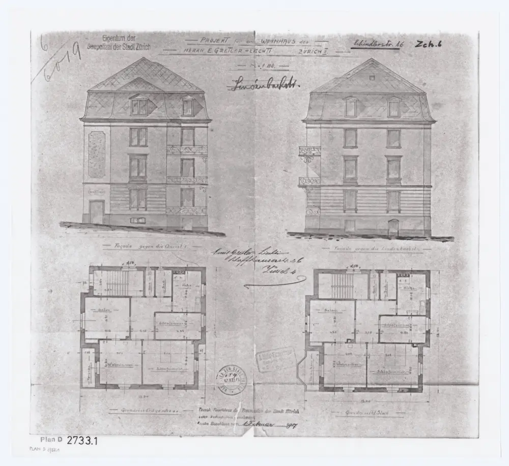 Projektiertes Wohnhaus von Herrn E. Gretler-Liechti, Schindlerstrasse 16: Ansichten und Grundrisse