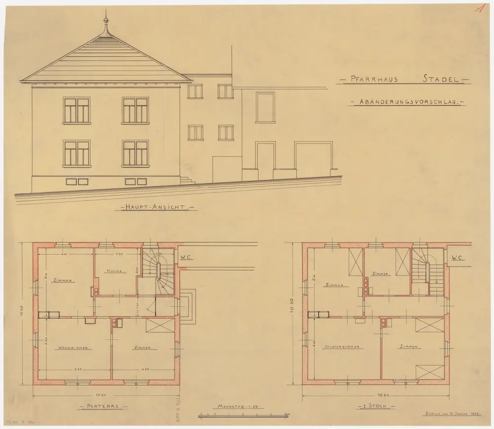 Stadel: Pfarrhaus, Abänderungsvorschläge; Grundrisse des Erdgeschosses und 1. Stocks und Ansicht (Nr. 1)