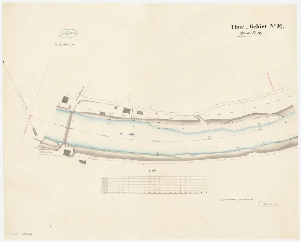 Andelfingen (damals Grossandelfingen), Kleinandelfingen, Flaach: Thur von oberhalb der Andelfinger Eisenbahnbrücke bis zur Einmündung in den Rhein, Thurkorrektion: Blatt XII: Andelfingen (damals Grossandelfingen), Kleinandelfingen: Thurkorrektion; Situationsplan (Thur-Gebiet Nr. 57)