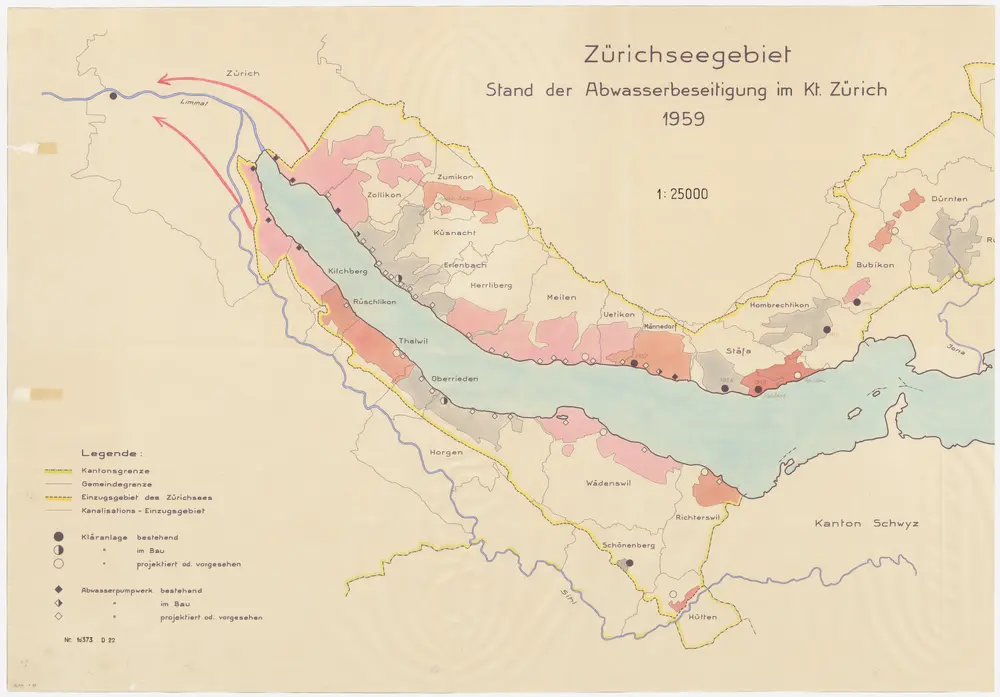 Gemeinden am Zürichsee: Bestehende und projektierte Abwasserreinigungsanlagen und Abwasserpumpwerke, Zustand 1959; Übersichtskarte